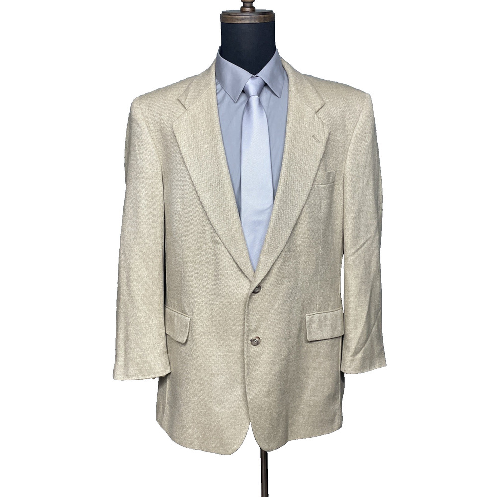 Jos A Bank Men 44L Beige Herringbone Wool Silk Linen Blend Sport Coat Blazer USA